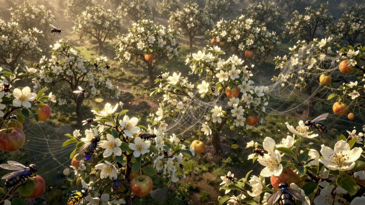 A vast magical orchard seen from above, flowers glowing like web apps, low-hanging fruit dangling below, cyber-insects crawling across petals: SQLi larvae burrowing, XSS aphids, CSRF threads weaving between branches, poisoned pollen drifting through interconnected flowers.
