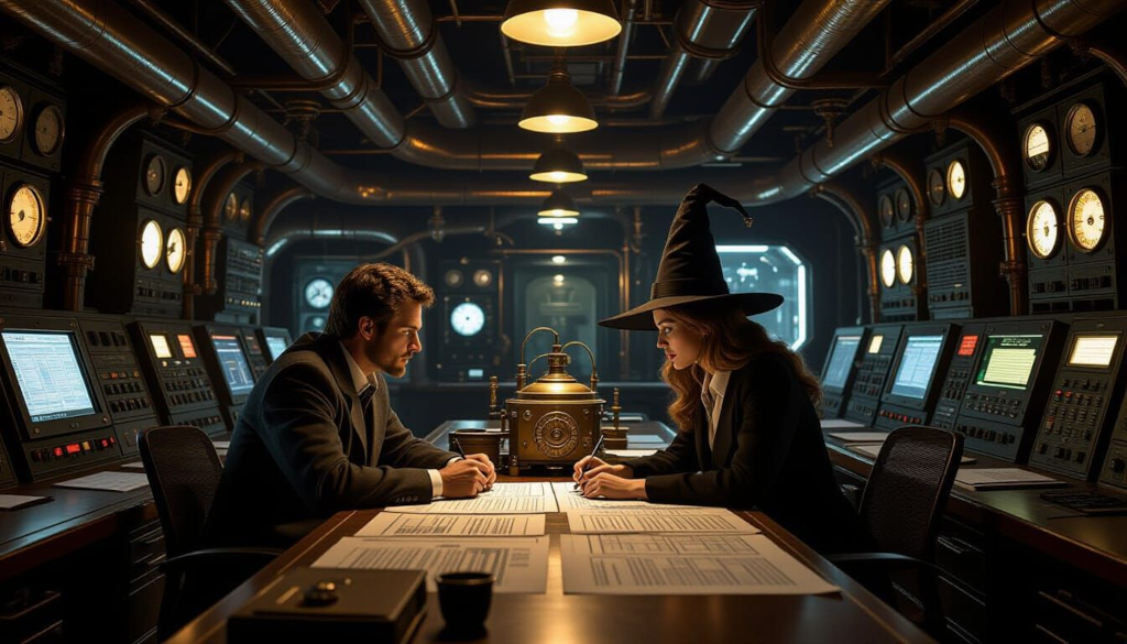 Big dimly lit brass-and-copper control room filled with pipes and gauges, an engineer and a witch, both huddled over charts.
