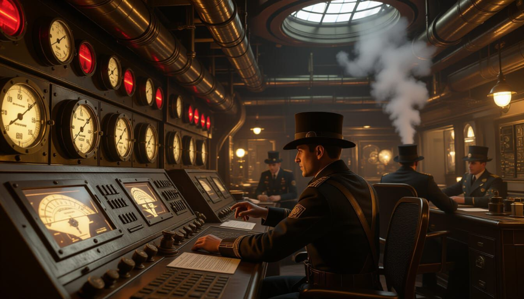 A bustling factory control room with exposed mechanical brains integrated into walls, glowing red circuits thrumming with energy. Panels display 'default login' prompts and blinking warning lights.