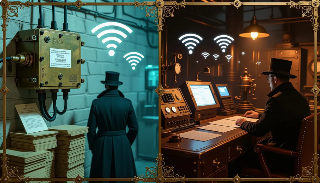 A collage of industrial cybersecurity scenarios at the Unseen University Power & Light Co., Ankh-Morpork: a rugged 4G router hidden inside a junction box, WiFi and Bluetooth signals illustrated as faint magical glows.