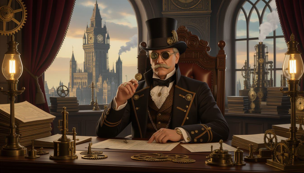 The Patrician at his desk, unhurried, reading the city's correspondence before the city has finished writing it. Behind him a map of clacks towers, guild seals, and the quiet ledgers that record who supplies what to whom.